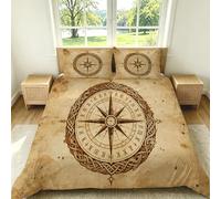 Double Size Duvet Cover Set Compass Rune Vintage Nautical 3 Piece Beige Bedding with Zipper Closure Breathable Soft Quilt Cover with 2 Pillowcases for Adult Kids Teens G-796