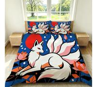 Double Size Duvet Cover Set Nine-Tailed Fox Ukiyo-E 3 Piece White Bedding with Zipper Closure Breathable Soft Quilt Cover with 2 Pillowcases for Adult Kids Teens G-1583
