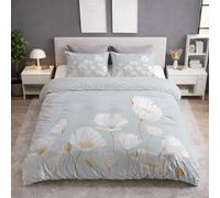 Double Size Duvet Cover Set - Premium Brushed Microfiber Quilt Cover 200 x 200 cm With Zipper Closure - Ultrasoft Hypoallergenic Bedding Set - Frozen Blue, Floral White Gold Poppies Elegant
