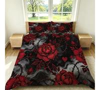 Double Size Duvet Cover Set Red Rose Thorns and Hearts 3 Piece Black Bedding with Zipper Closure Breathable Soft Quilt Cover with 2 Pillowcases for Adult Kids Teens G-876