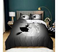 Double Size Duvet Cover Set Witch Flying On Broomstick Bedding 3 Pcs With Zipper Closure Ultra Soft Anti Allergic Non Iron Luxury Microfiber Bedding Set with 2 Pillowcases, Moon Gray Background