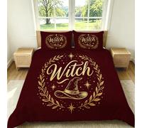 Double Size Duvet Cover Set Witch Hat Retro Mystery 3 Piece Wine Red Bedding with Zipper Closure Breathable Soft Quilt Cover with 2 Pillowcases for Adult Kids Teens G-1888