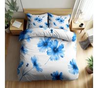 Double Size Duvet Cover Sets 200 x 200 cm, Reversible Blue White Flowers Daisies Chrysanthemums Bedding Set - Soft Breathable Simple Duvet Cover for Kids Adults Lightweight Bedding Easy Care
