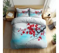 Double Size Duvet Cover Sets 200 x 200 cm, Reversible Chinese Tradition Plum Blossom Branches Bedding Set, Soft Breathable Mint Grey Duvet Cover for Kids Adults Lightweight Bedding, Easy Care