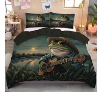 Double Size Duvet Cover Sets - Cartoon Animals The Frog Playing Guitar Bedding Set with Pillowcases, Ultrasoft Microfiber Luxury Non Iron Quilt Cover with Zipper Closure, Dark Green 200x200cm