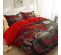 Double Size Duvet Cover Sets Oriental Japanese Painting Maple Tree Print, Premium Brushed Microfiber Bedding Sets 200 x 200 cm, Chinese Red Breathable Reversible Duvet Covers with Zipper Closure