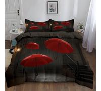 Double Size Duvet Cover Sets, Soft Surreal Cobblestone Street Red Umbrella Printed Bedding Set Brushed, 200 x 200 cm Microfiber Dark Brown Duvet Covers, Easy care and hypoallergenic