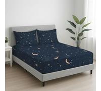 Double Size Fitted Sheet - 135 x 190 x 30 Bedspread Starry Sky Moon Star Dreamlike Deep Pocket, Soft Microfibre, Wrinkle-Free, Easy Care, Fade & Shrink Resistant - Black Bedspread
