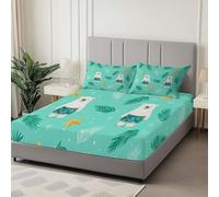 Double Size Fitted Sheets -30cm Deep Cartoon Polar Bear Leaves Fitted Sheets, Soft Brushed Microfiber Easy Care Fade Resistant Breathable Bedding Set, Blue-Green