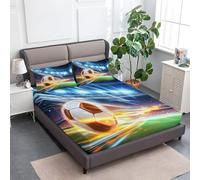 Double Size Fitted Sheets -30cm Deep The Football Flew Into The Goal Fitted Sheets, Soft Brushed Microfiber Easy Care Fade Resistant Breathable Bedding Set, Blue-Green