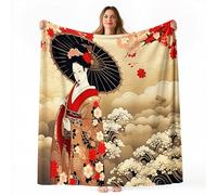 Double Size Fleece Blanket Throw 150 x 200cm - Oriental Traditional Japanese Geisha Soft Warm Sofa Blanket for Bed Couch, Beige Autumn and Winter Sherpa Blankets for Living Room Bedroom
