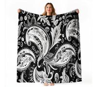 Double Size Fleece Blanket Throw 150 x 200cm - Traditional Art Paisley Soft Warm Sofa Blanket for Bed Couch, Black White Autumn and Winter Sherpa Blankets for Living Room Bedroom