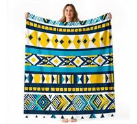 Double Size Fleece Blanket Throw 150 x 200cm - Traditional Geometric Stripes Soft Warm Sofa Blanket for Bed Couch, Blue Yellow Autumn and Winter Sherpa Blankets for Living Room Bedroom
