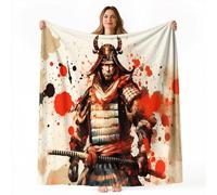 Double Size Fleece Blanket Throw 150 x 200cm - Traditional Japanese Painting Samurai Soft Warm Sofa Blanket for Bed Couch, Beige Autumn and Winter Sherpa Blankets for Living Room Bedroom