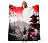 Double Size Fleece Blanket Throw 150 x 200cm - Traditional Japanese Temple Sun Soft Warm Sofa Blanket for Bed Couch, Gray Red Autumn and Winter Sherpa Blankets for Living Room Bedroom