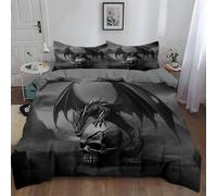 Double Size Grey Duvet Cover Set for Kids Girls, Soft 3Pcs Bedding Set 200 x 200 cm Room Decor - Surrealism Gothic Skull Flying Dragon Quilt Cover with 2 Pillowcases 50 x 75 cm