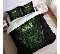 Double Size Microfiber Duvet Cover Set 200 x 200 cm green Bedding with Abstract owl Print, Zipper Closure and 2 Pillowcases