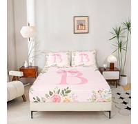 Double Size Personalized Initial B Fitted Sheet With 2 Pillowcases Boys Girls Coquette Pink Bow Bedding For Kids Ultra Alphabet Letter Bed Sheets Set 16" Deep Pocket Floral Room Decor Microfiber