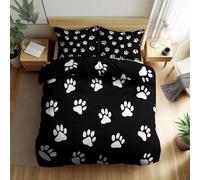Double Size Reversible Bedding Set Animal Print White Paw Prints, Black Duvet Cover with 2 Pillowcases, All Season 3Pcs Anti Allergic Microfiber Duvet Cover for Kids Boys Girls Bedroom Decor