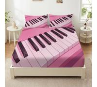 Double Size Ultra-Soft Fitted Sheet, Modern Dreamy Soft Brushed Microfiber Bedding Set, Wrinkle Free Piano Keys Musical Notes Bed Sheets 135 x 200 cm - 30 cm Deep Pocket
