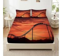 Double Size Ultra-Soft Fitted Sheet, Modern Dreamy Soft Brushed Microfiber Bedding Set, Wrinkle Free Roller Coaster Sunset Bed Sheets 135 x 200 cm - 30 cm Deep Pocket
