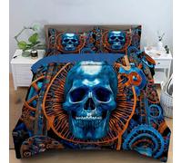 Double Skull And Gears Duvet Cover Sets, Soft Microfiber Reversible 3 Duvet Cover Sets, 200x200cm Industrial Punk Quilt Covers, Indigo Bedding Set, 2 Pillowcases and Zipper Closure