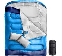 Double Sleeping Bag King Size Adult Two Person Camping Sleeping Bag Suitable for 4 Seasons Complete with Pillow & Internal Pocket for Hiking Indoor or Outdoor Adventures Cotton Blue