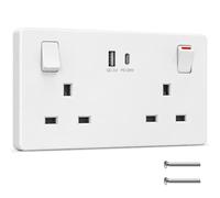 Double Socket with USB C, 2 Gang Switched Wall Socket with PD 20W USB-C & QC3.0 USB-A Fast Charging Ports, Screwless 13A UK Plug Socket Twin Electrical Outlets, White