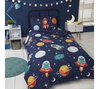 Kids Blue Glow In The Dark Outer Space, Planets & Aliens Duvet Cover Bedding Set