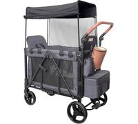 Double Stroller Wagon for 2 Kids - Foldable All-Terrain Wagon with Canopy, 5-Point Harness & Parent Organizer | Insulated Snack Pack, Adjustable Handle | Lightweight & Durable (Grey)