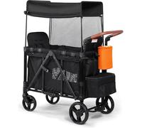 Double Stroller Wagon for 2 Kids - Foldable All-Terrain Wagon with Canopy, 5-Point Harness & Parent Organizer | Insulated Snack Pack, Adjustable Handle | Lightweight & Durable (Black)