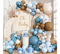 Double Stuffed Dusty Blue Brown Balloon Arch Kit, Neutral Balloon Garland Pastel Baby Blue Dark Brown White Sand Beige Tan Latex Balloons for Boys Baby Shower Teddy Bear Birthday Party Decorations