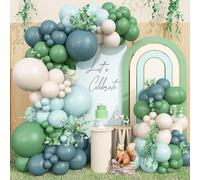 Double Stuffed Dusty Blue Green Balloon Arch Kit, Boho Neutral Balloon Garland Kit Sage Dusty Green Slate Blue Teal Latex Balloons for Baby Shower Bridal Shower Dinosaur Birthday Party Decorations