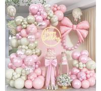 Double Stuffed Pearl White and Pink Balloon Arch Garland Kit, Pearl White Beige with Pink Bow Foil Balloons for Girls Women Wedding Bridal Baby Shower Bachelorette Coquette Birthday Party Decorations