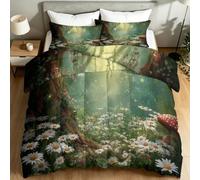 Double Summer Coverless Duvet 200 x 200 cm, 4.5 Tog Fantasy Landscape Magical Forest Flower Plant Comforter Set with 2 Shams, Microfiber Soft Quilt for All Seasons, Machine Washable, Multicoloured