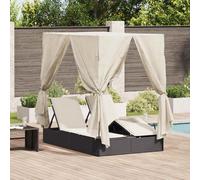 Double Sun Lounger PE Rattan Black & Cream 205x129x200 cm with Roof Curtains Set