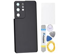 Double Sure Phantom Black Rear Panel with Camera Bezel and Camera Glass Lens for Samsung Galaxy S21 Ultra 5G SM-G998B with toolkit and adhesive