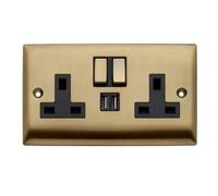 Double Switched Plug Socket - 13A - 2 X Usb-A Ports - Antique Brass