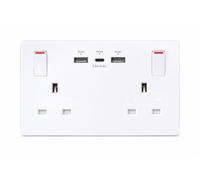 Double Switched Wall Plug Socket with USB-C & USB-A, 13A 2-Gang, 25W Combined Output, Screwless White (Use a 35mm-Deep Back Box)