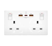 Double Switched Wall Plug Socket with USB-C & USB-A, 13A 2-Gang, PD35W Output, Screwless White (Use a 35mm-Deep Back Box)