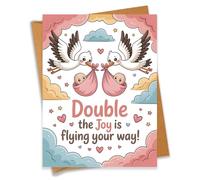Double The Joy Is Flying Your Way Twins Baby Shower Card Pregnancy Gift For Expecting Mom Dad Newborn Congratulations New Parents - Size 6.3"x4.7" Blank Inside with Kraft Envelope