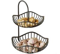Double tier kitchen countertop rack for storing fruits and vegetables with metal build, allowing rinsing of produce directly in the basket for convenience (A)