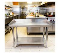 Double-tier Stainless Steel Workbench with Splash Guard Work Table Reinforced Corner Supports Height-adjustable Shelves Screw Guard Design Adjustable Legs and Cross-beam Reinforcement