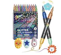 Double Tip Glitter Pens 24 Pack - Water Based Art Markers | Tip Coloring Drawing Doodling Writing Scrapbooking DIY Crafts School Dorm Office Supplies For Kids Adults Creative Projects