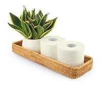 Double Toilet Paper Holder Storage 17 x 6 x2 in Rattan Bathroom Counter Storage Cabinet Gold Wire Basket for Storage Pantry Serving Tray Decorative Toilet Tank Basket Woven Guest Towel (Honey Brown)