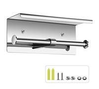 Double Toilet Paper Holder with Phone Shelf, Dual Roll Paper Dispenser with Shelf, Polished Chrome, Toilet Tissue Roll Holder with Rack, Adhesive Wall-Mounted with Screws