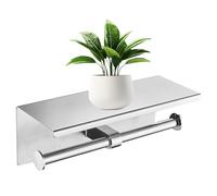 Double Toilet Paper Holder with Phone Shelf Dual Roll Tissue Holder Dispenser Wall Mounted SUS304 Commercial Stainless Steel Roll Holder Storage Cool Bathroom Accessory (Silver)