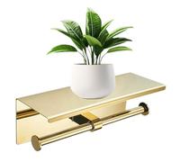 Double Toilet Paper Holder with Phone Shelf Dual Roll Tissue Holder Dispenser Wall Mounted SUS304 Commercial Stainless Steel Roll Holder Storage Cool Bathroom Accessory (Gold)