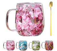 Double Transparent Glass Flower Tea Cup,Insulated Layer Dried Flower Coffee Cups with Handle,Creative Clear Heat Resistant Flowers Cup for Tea Milk Hot Cold Drinkers,Unique Gift Idea (Pink)