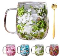 Double Transparent Glass Flower Tea Cup,Insulated Layer Dried Flower Coffee Cups with Handle,Creative Clear Heat Resistant Flowers Cup for Unique Gift Idea,Tea Milk Hot Cold Drinkers (Green)